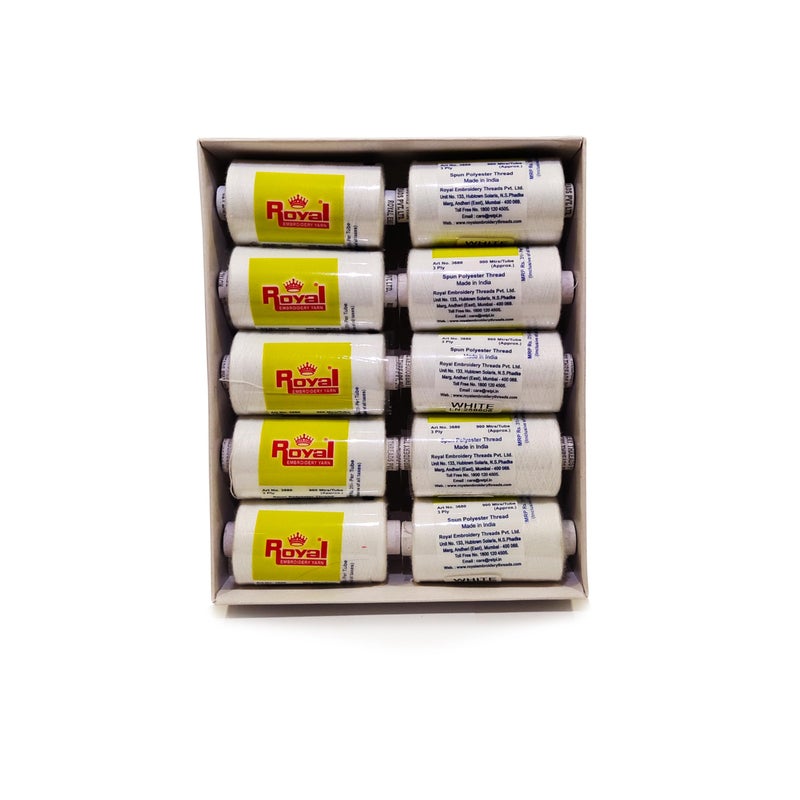 Royal Royal Sewing Threads 3 Ply 900Mtr Sewing Thread - 10 Tubes of 900 Metre Each (White) | Durable 3 Ply Polyester Thread for Heavy Duty Fabrics | High Tensile Strength, Low Lint, Universal Use - Image 1
