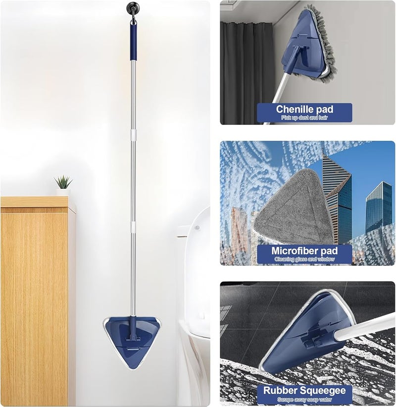 TRENNCHI Wall Mop with 82 Inches Long Handle, 360° Rotating Triangle Mop Head with Microfiber Pads, Built-in Window Squeegee for Cleaning Walls, Ceilings, Baseboards, and Windows - Image 4