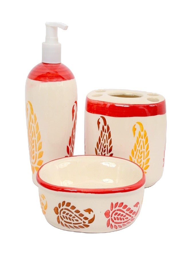 Skywalk Hand Painted Ceramic Bathroom Set of 3 Pcs - Liquid Soap Dispenser, Soap Dish and Brush Holder for Bathroom Décor and Home Gift Set SWKA-1219 - Image 1