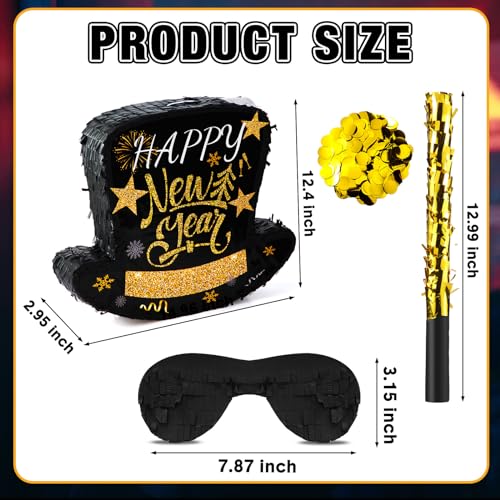 Poen 2026 New Year Piata Black Top Hat Piata with Stick and Blindfold Confetti Happy New Years Eve Party Supplies Decorations Large Piata for Adults Game Party Supplies 1496 x 124 x 295 in - Image 5