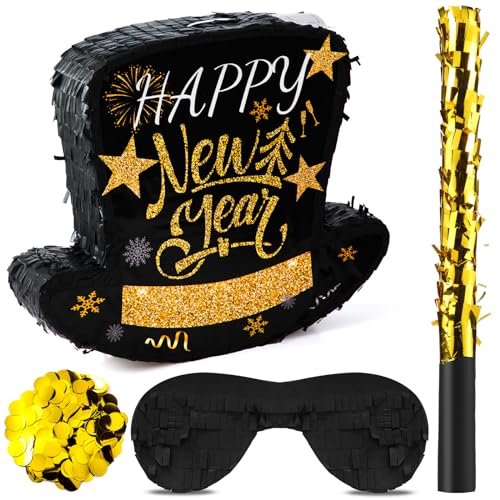 Poen 2026 New Year Piata Black Top Hat Piata with Stick and Blindfold Confetti Happy New Years Eve Party Supplies Decorations Large Piata for Adults Game Party Supplies 1496 x 124 x 295 in - Image 1