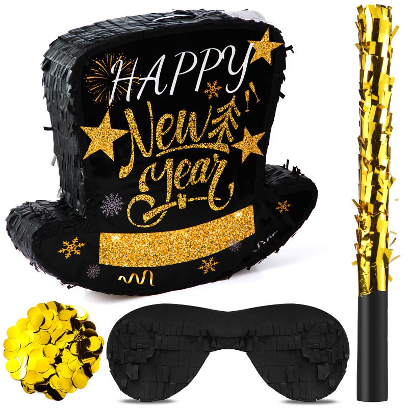 Poen 2026 New Year Piata Black Top Hat Piata with Stick and Blindfold Confetti Happy New Years Eve Party Supplies Decorations Large Piata for Adults Game Party Supplies 1496 x 124 x 295 in - Image 3