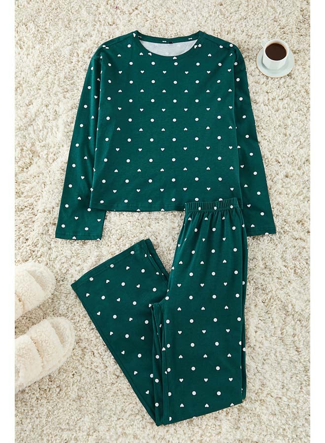 trendyol Emerald Green 100% Cotton Polka Dot and Heart Patterned Knitted Pajama Set THMAW25PT00039