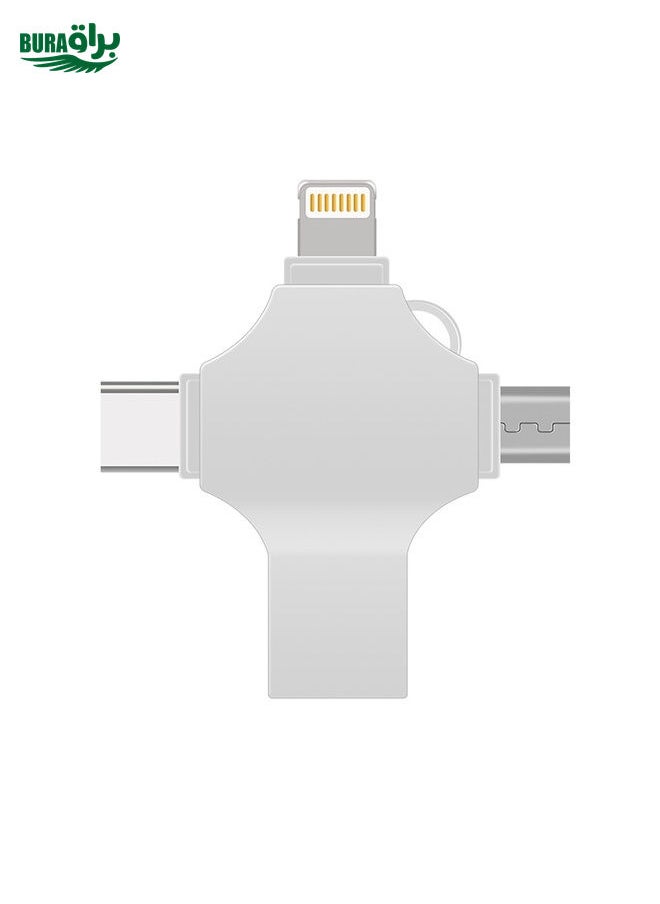 BURAQ Cross 4 in 1 32GB 8 Pin + Micro USB + USB-C / Type-C + USB 3.0 Metal Flash Disk(Silver)  - Image 1
