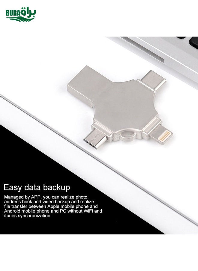 BURAQ Cross 4 in 1 32GB 8 Pin + Micro USB + USB-C / Type-C + USB 3.0 Metal Flash Disk(Silver)  - Image 4