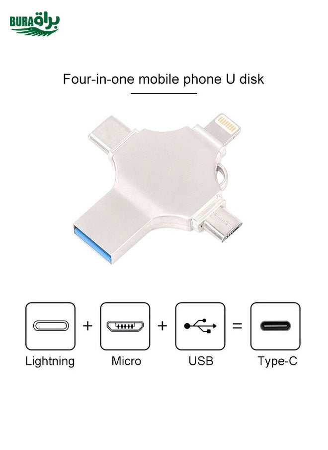 BURAQ Cross 4 in 1 32GB 8 Pin + Micro USB + USB-C / Type-C + USB 3.0 Metal Flash Disk(Silver)  - Image 2