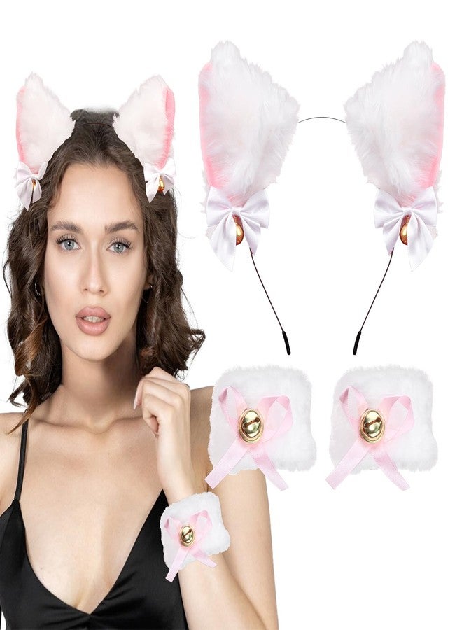 Amariver Cat Ear Headband and Wristbands for Women White and Pink Cat Ears Headbands Animal Headband for Halloween Cosplay Accessories Set for Theme Party Fluffy Cat Ear Hair Band with Bells - Image 1