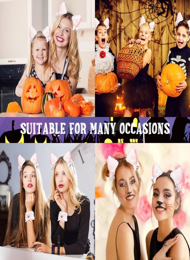 Amariver Cat Ear Headband and Wristbands for Women White and Pink Cat Ears Headbands Animal Headband for Halloween Cosplay Accessories Set for Theme Party Fluffy Cat Ear Hair Band with Bells - Image 3