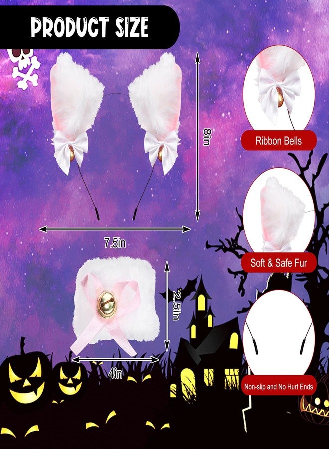 Amariver Cat Ear Headband and Wristbands for Women White and Pink Cat Ears Headbands Animal Headband for Halloween Cosplay Accessories Set for Theme Party Fluffy Cat Ear Hair Band with Bells - Image 2