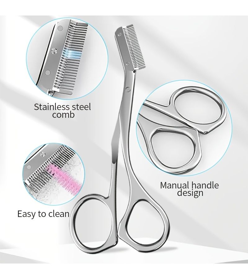 Silvery Eyebrow Trimming Scissors With Comb Precision Stainless Steel Trimmer For Even Cuts Portable - Image 2