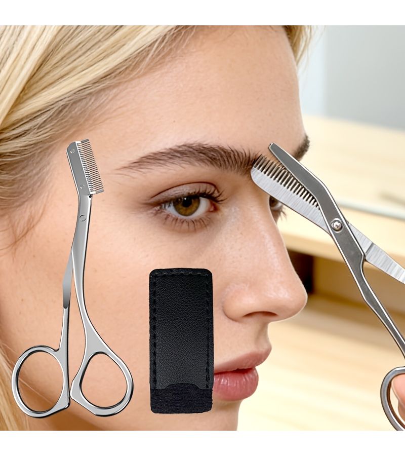 Silvery Eyebrow Trimming Scissors With Comb Precision Stainless Steel Trimmer For Even Cuts Portable - Image 1