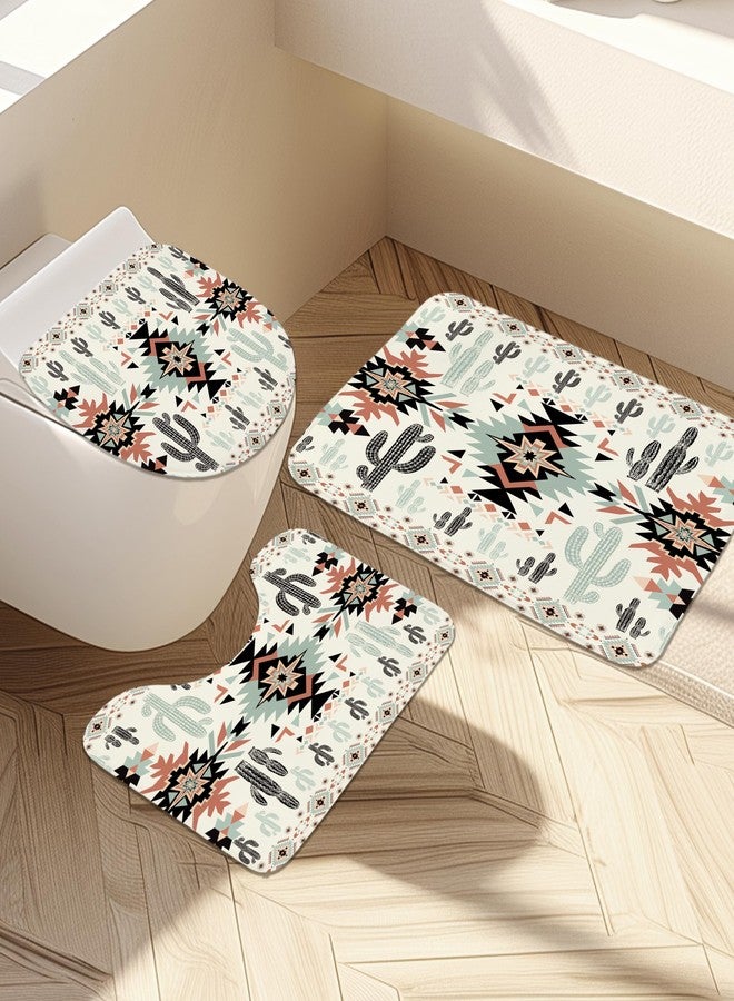 Newsely Western Aztec Cactus Shower Curtain Set with Non-Slip Rugs, Toilet Lid Cover and Bath Mat, Southwestern Tribal Geometric Ethnic Shower Curtain with 12 Hooks, Boho Curtain for Bathroom Decor - Image 3