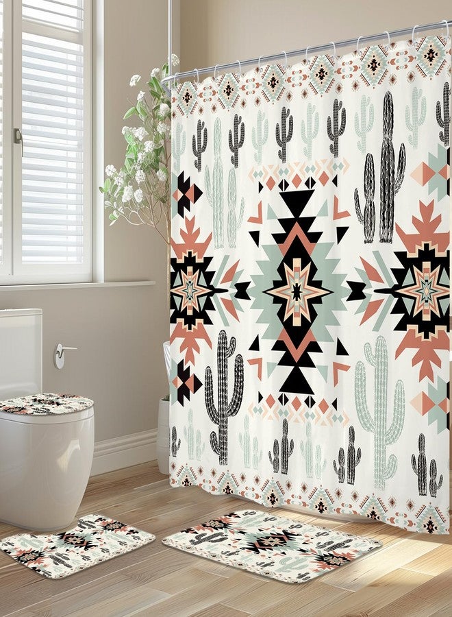 Newsely Western Aztec Cactus Shower Curtain Set with Non-Slip Rugs, Toilet Lid Cover and Bath Mat, Southwestern Tribal Geometric Ethnic Shower Curtain with 12 Hooks, Boho Curtain for Bathroom Decor - Image 1