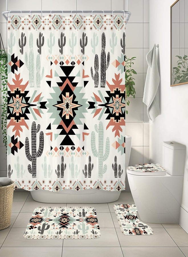 Newsely Western Aztec Cactus Shower Curtain Set with Non-Slip Rugs, Toilet Lid Cover and Bath Mat, Southwestern Tribal Geometric Ethnic Shower Curtain with 12 Hooks, Boho Curtain for Bathroom Decor - Image 2
