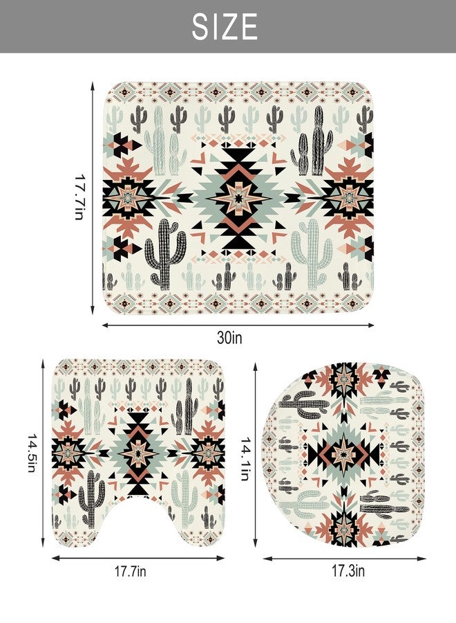 Newsely Western Aztec Cactus Shower Curtain Set with Non-Slip Rugs, Toilet Lid Cover and Bath Mat, Southwestern Tribal Geometric Ethnic Shower Curtain with 12 Hooks, Boho Curtain for Bathroom Decor - Image 4