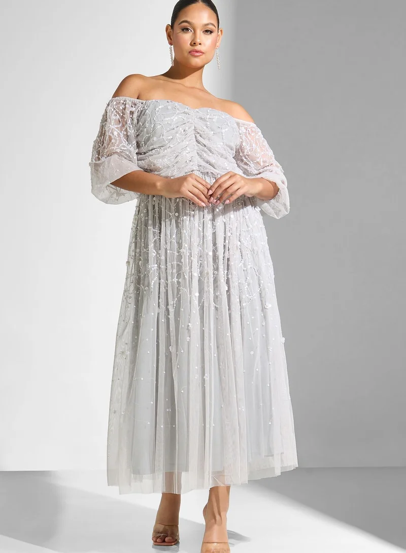 Amelia Rose Bardot Plisse Puff Sleeve Dress