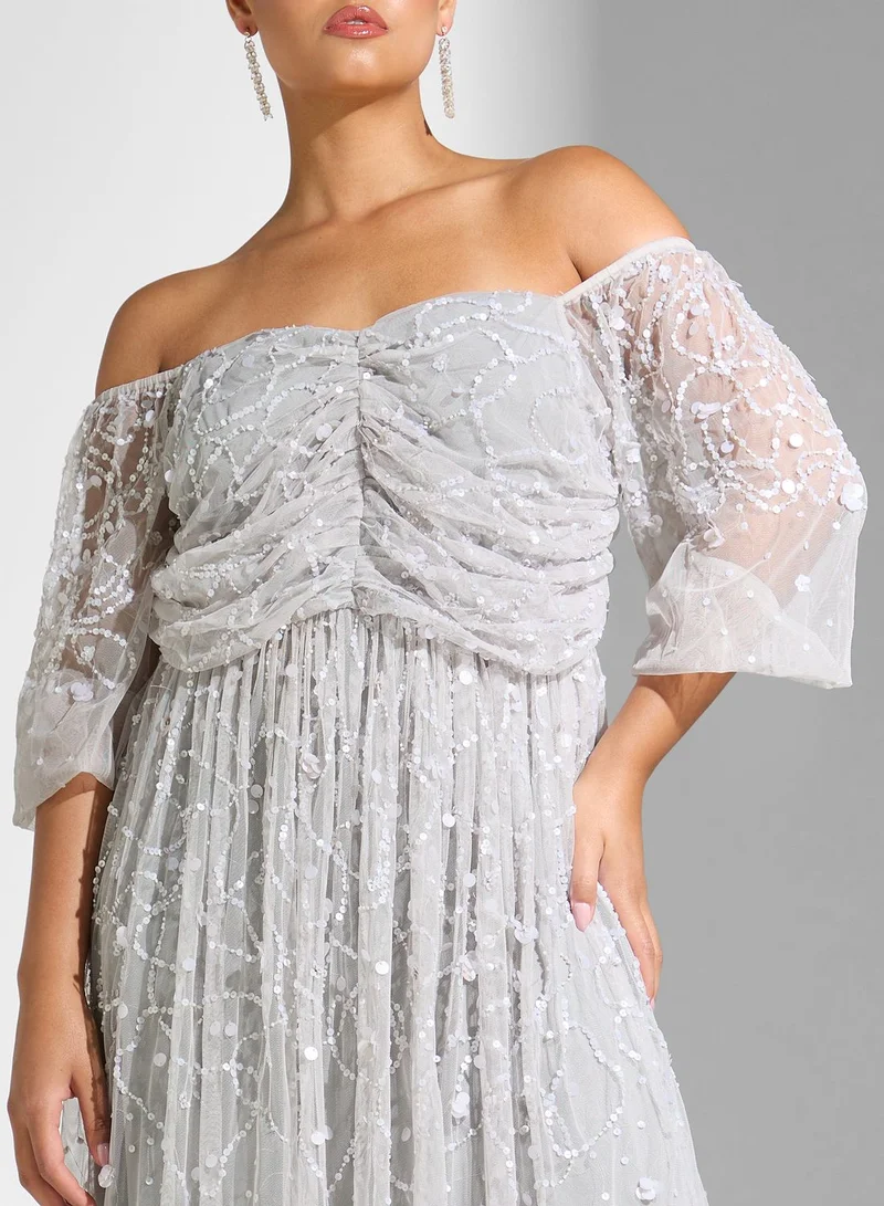 Amelia Rose Bardot Plisse Puff Sleeve Dress