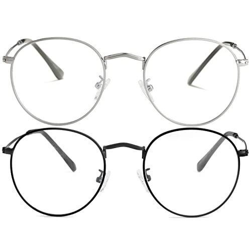 Kursan Classic Round Clear Lens Glasses for Women Men Circle Metal Frame Non-Prescription Eyeglasses (Silver + Black) - Image 1