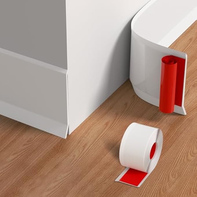 BASEBOARD MOLDING TRIM, 4 INCH X 40 FEET FLEXIBLE VINYL WALL BASE WITH WIDER SELF-ADHESIVE BACKING, RUBBER COVE BASE FOR HOME OFFICE, PEEL AND STICK MOULDING TRIM FOR WALL BASE PROTECTION, WHITE - Image 1