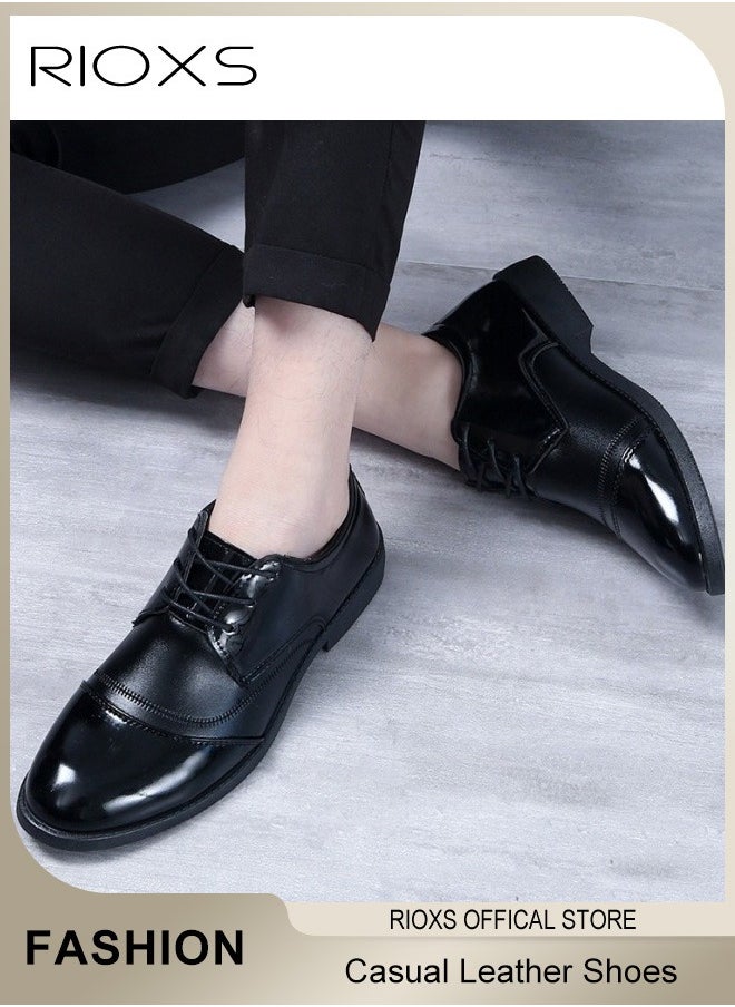 RIOXS - Men's Business Leather Shoes, Lace-up Round-toe Oxford Shoes, Stylish Classic Dress Shoes, Comfortable Lightweight Walking Flats, Suitable for Daily Wear and Formal Occasions - Image 1
