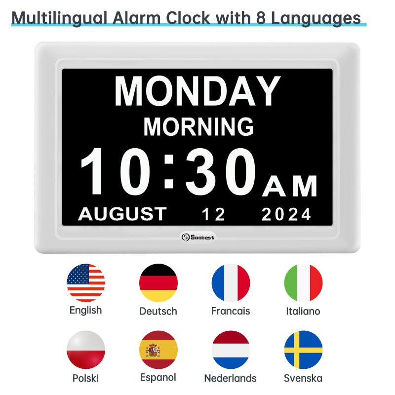سو بيست ساعة منبه رقمية للخرف من Soobest، ساعة نهارية كبيرة العرض لكبار السن مع 12 تذكيرًا لكبار السن، ساعة مكتب تقويمية مع تاريخ للهدايا، 8 لغات لغرفة النوم، محول شاشة 7 بوصات متضمن - Image 5
