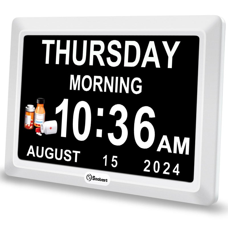 سو بيست ساعة منبه رقمية للخرف من Soobest، ساعة نهارية كبيرة العرض لكبار السن مع 12 تذكيرًا لكبار السن، ساعة مكتب تقويمية مع تاريخ للهدايا، 8 لغات لغرفة النوم، محول شاشة 7 بوصات متضمن - Image 1