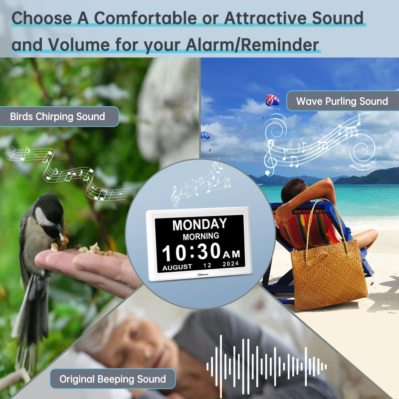 سو بيست ساعة منبه رقمية للخرف من Soobest، ساعة نهارية كبيرة العرض لكبار السن مع 12 تذكيرًا لكبار السن، ساعة مكتب تقويمية مع تاريخ للهدايا، 8 لغات لغرفة النوم، محول شاشة 7 بوصات متضمن - Image 3