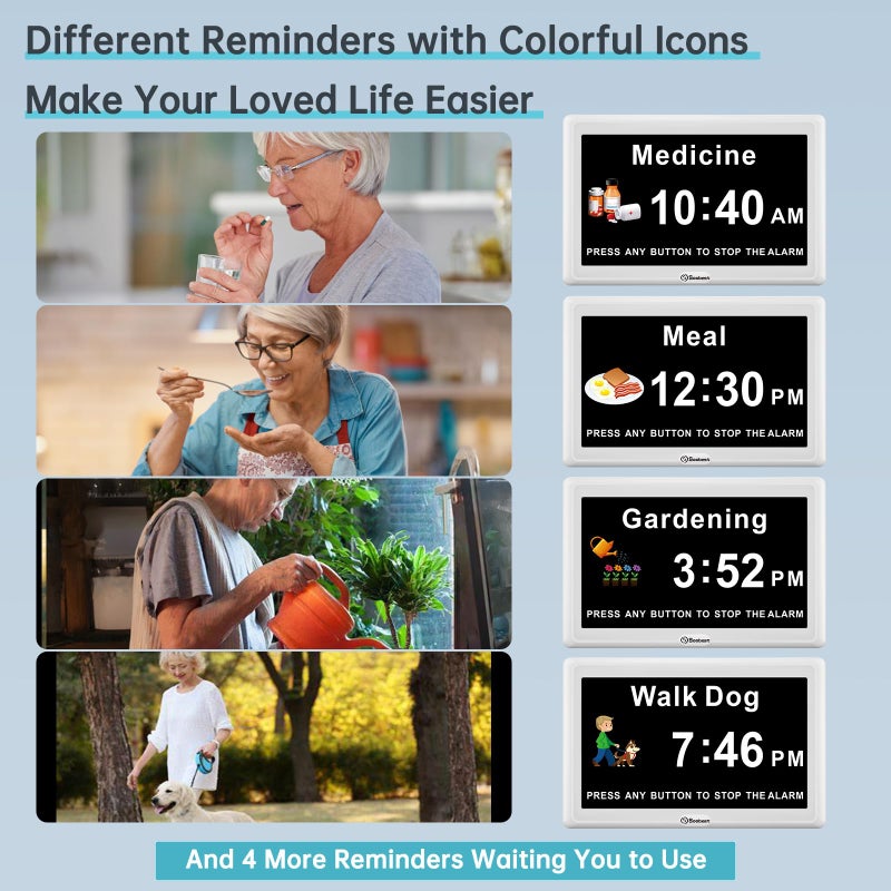 سو بيست ساعة منبه رقمية للخرف من Soobest، ساعة نهارية كبيرة العرض لكبار السن مع 12 تذكيرًا لكبار السن، ساعة مكتب تقويمية مع تاريخ للهدايا، 8 لغات لغرفة النوم، محول شاشة 7 بوصات متضمن - Image 2