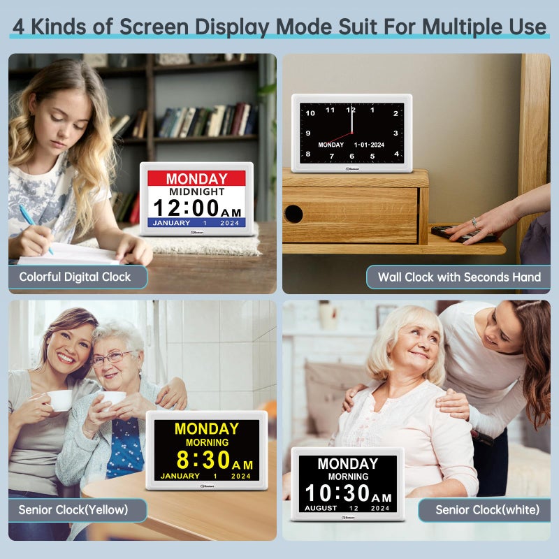 سو بيست ساعة منبه رقمية للخرف من Soobest، ساعة نهارية كبيرة العرض لكبار السن مع 12 تذكيرًا لكبار السن، ساعة مكتب تقويمية مع تاريخ للهدايا، 8 لغات لغرفة النوم، محول شاشة 7 بوصات متضمن - Image 4