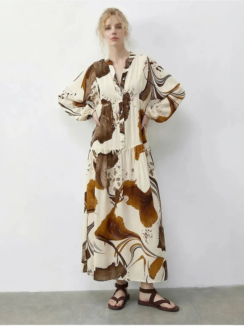 بيانكو لوتشي LUCCI Abstract V-Neck Midi Dress with Long Sleeves