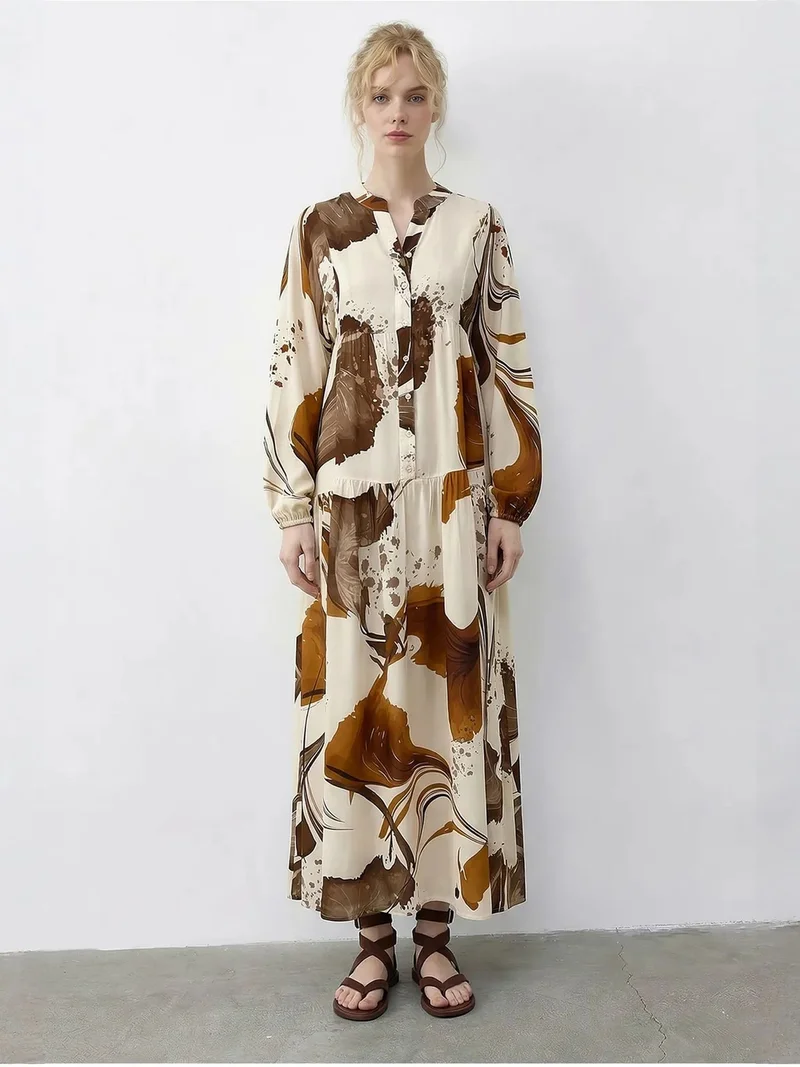 بيانكو لوتشي LUCCI Abstract V-Neck Midi Dress with Long Sleeves
