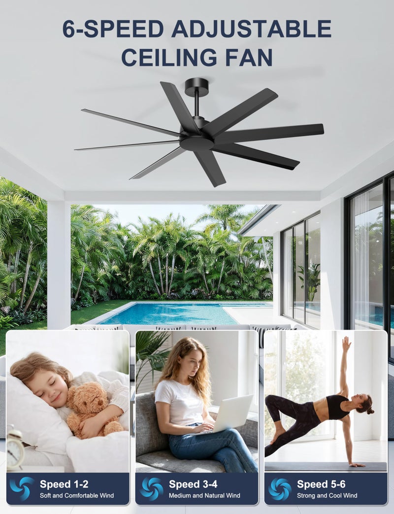 Ohniyou 60'' Ceiling Fan No Light - Modern Black 8 Blades Ceiling Fan Remote/APP Control, DC Motor Outdoor Fan for Covered Patio, Living Room, Shop, Garage - Image 5