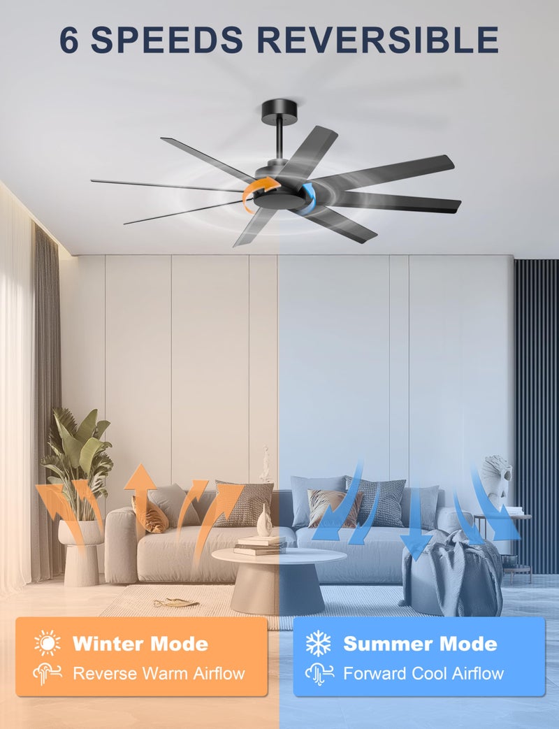 Ohniyou 60'' Ceiling Fan No Light - Modern Black 8 Blades Ceiling Fan Remote/APP Control, DC Motor Outdoor Fan for Covered Patio, Living Room, Shop, Garage - Image 4