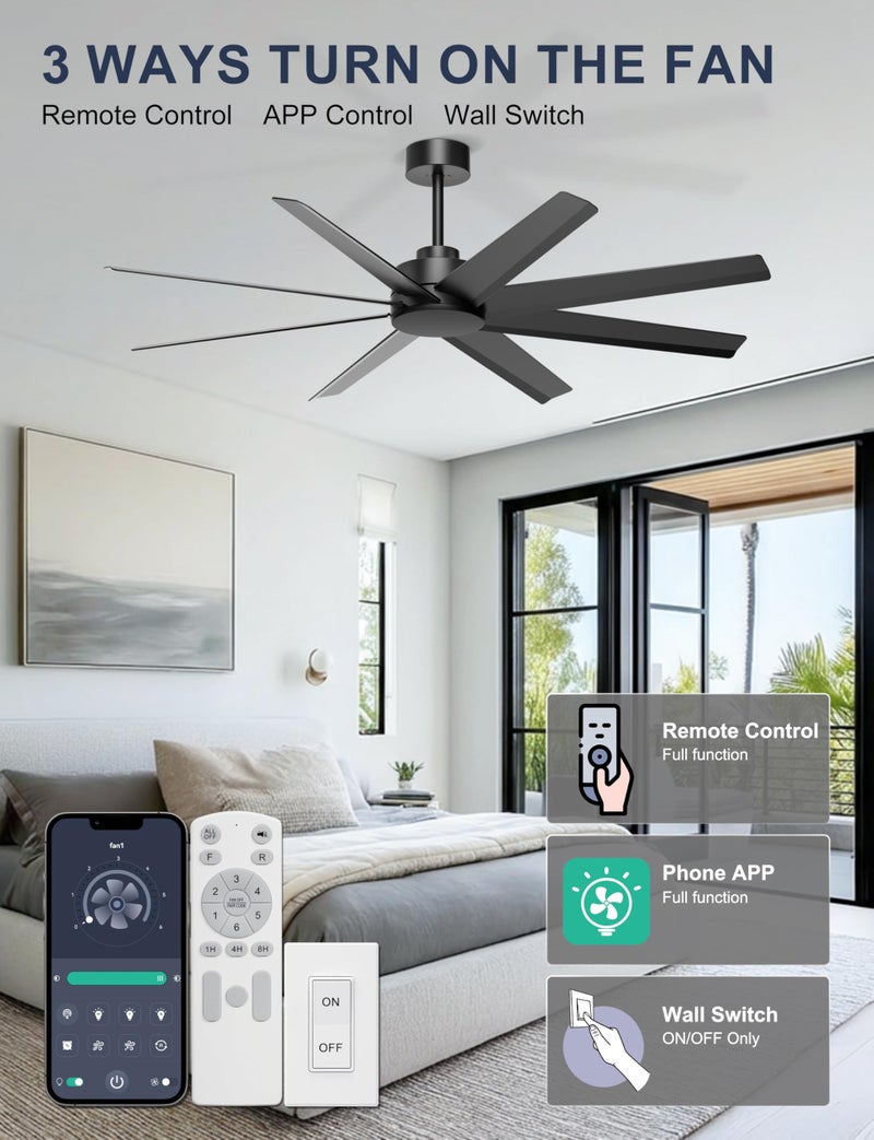 Ohniyou 60'' Ceiling Fan No Light - Modern Black 8 Blades Ceiling Fan Remote/APP Control, DC Motor Outdoor Fan for Covered Patio, Living Room, Shop, Garage - Image 2
