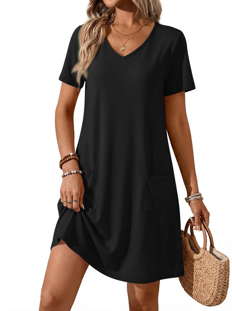 ATHMILE Dresses for Women 2026 V Neck Short Sleeve Casual T Shirt Dress Sundresses Swimsuit Coverup with Pockets Black - Image 1
