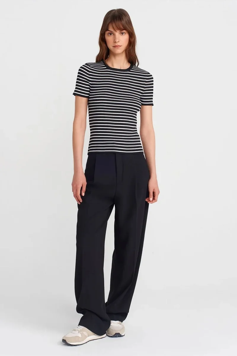 Dilvin Black DILVIN Striped Ribbed Knit Blouse for Women | Best Price UAE