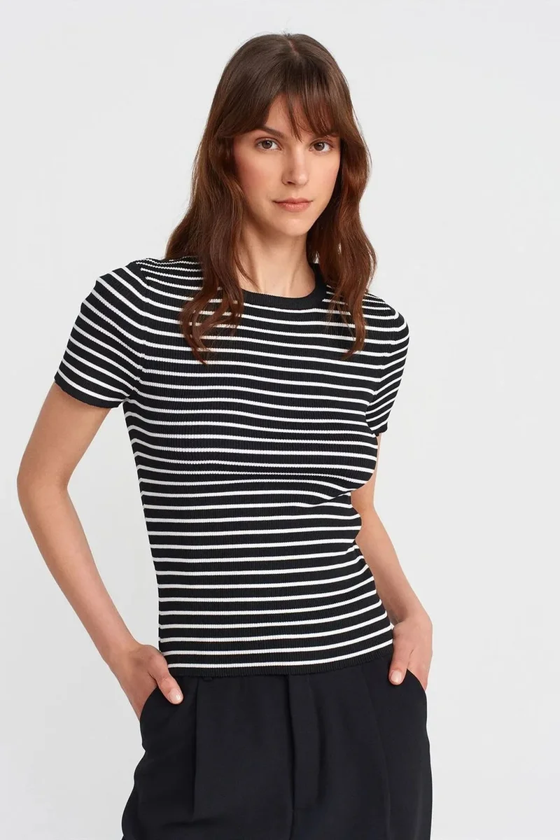 DILVIN Striped Ribbed Knit Blouse