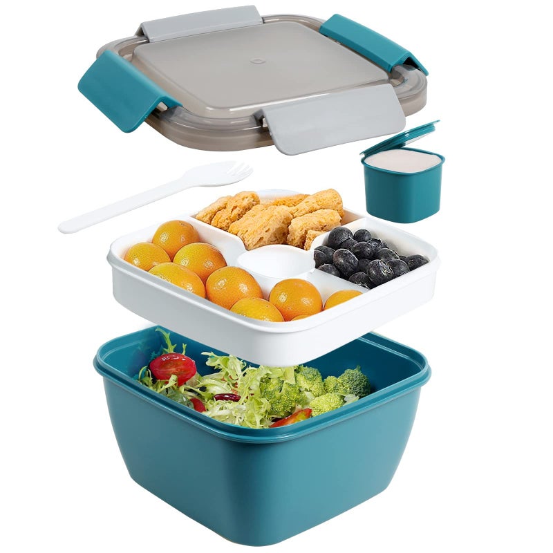 Greentainer 52 OZ to Go Salad Container Lunch Box BPAFree 3Compartment for Salad Toppings and Snack Bowl with Dressing Container Builtin Reusable Spoon Microwave SafeDark Blue