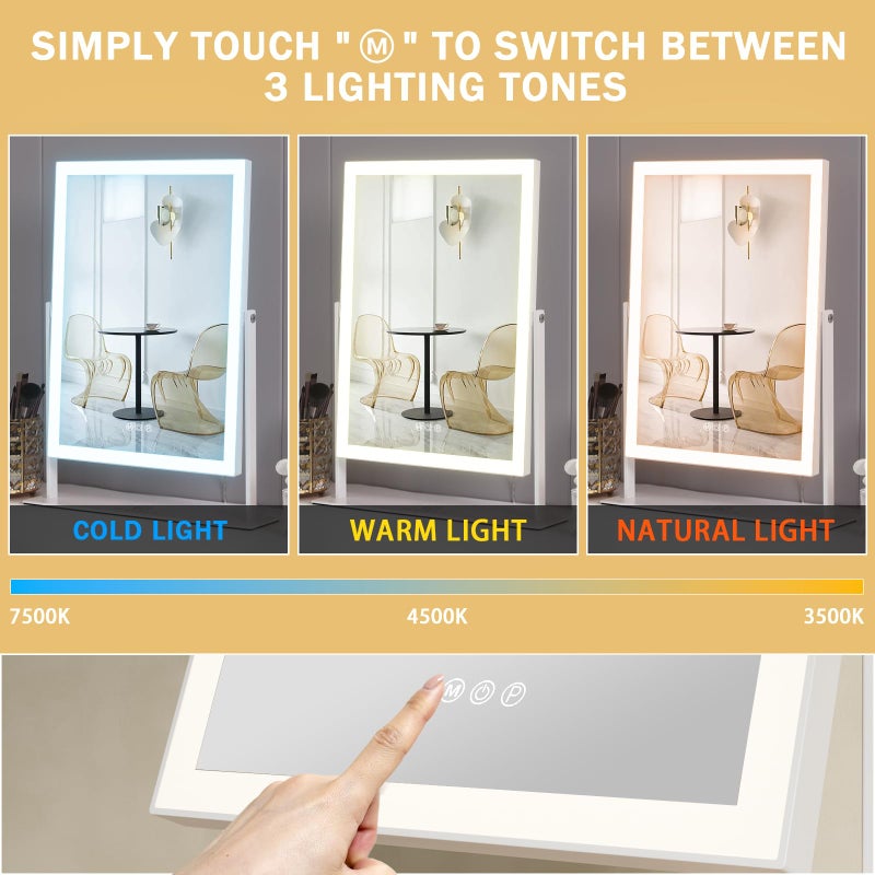 FENCHILIN Vanity Mirror with Lights 16.14" x 11.81",Lighted Makeup Mirror and Hollywood Mirror with Smart Touch Control 3 Colors Dimmable LED Light, 360Â°Rotation 10X Magnification(White) - Image 4