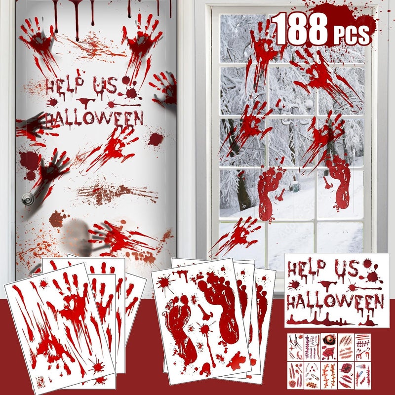 WOONOO 188PCS Halloween Decorations Window Clings, 9 Sheets Bloody Handprint Footprint Halloween Wall Decal Floor Clings with Tattoo Stickers, Scary Halloween Window Decorations - Image 1