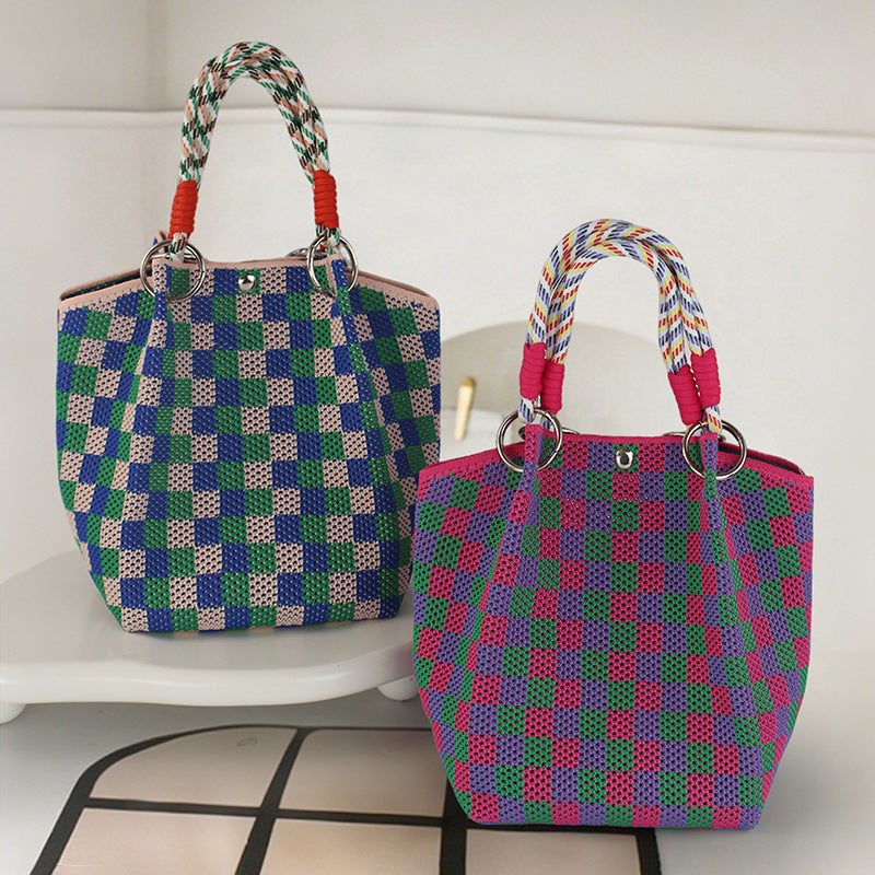 Cute Fresh Wool Crochet Bag Shoulder Portable Checkerboard Square Women'S Bag Fresh And Sweet Knitted Bag - Image 2