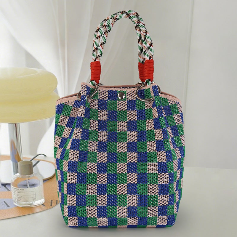 Cute Fresh Wool Crochet Bag Shoulder Portable Checkerboard Square Women'S Bag Fresh And Sweet Knitted Bag - Image 1
