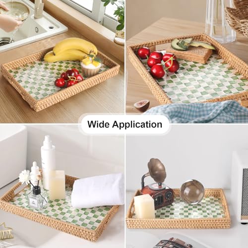 Tynulox Rectangle Rattan Tray with Mother of Pearl Inlay, Rattan Serving Tray with Handle for Coffee, Bread, Fruits, Decorative Wicker Tray for Table Decor (Rectangle Green Checkerboard, 13"×9") - Image 2