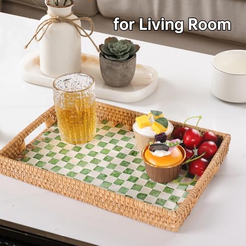 Tynulox Rectangle Rattan Tray with Mother of Pearl Inlay, Rattan Serving Tray with Handle for Coffee, Bread, Fruits, Decorative Wicker Tray for Table Decor (Rectangle Green Checkerboard, 13"×9") - Image 5