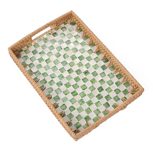Tynulox Rectangle Rattan Tray with Mother of Pearl Inlay, Rattan Serving Tray with Handle for Coffee, Bread, Fruits, Decorative Wicker Tray for Table Decor (Rectangle Green Checkerboard, 13"×9") - Image 1