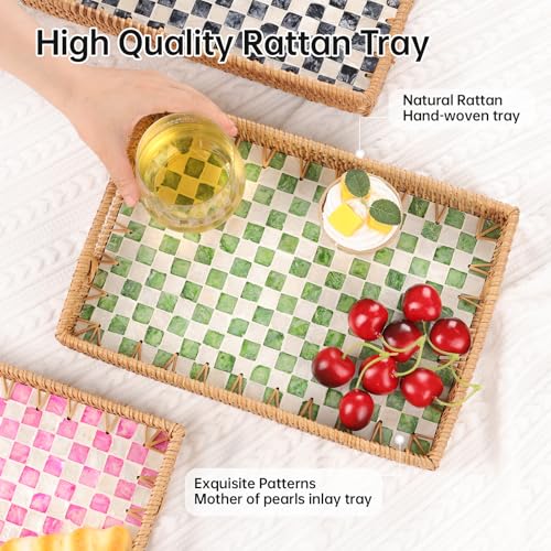 Tynulox Rectangle Rattan Tray with Mother of Pearl Inlay, Rattan Serving Tray with Handle for Coffee, Bread, Fruits, Decorative Wicker Tray for Table Decor (Rectangle Green Checkerboard, 13"×9") - Image 3