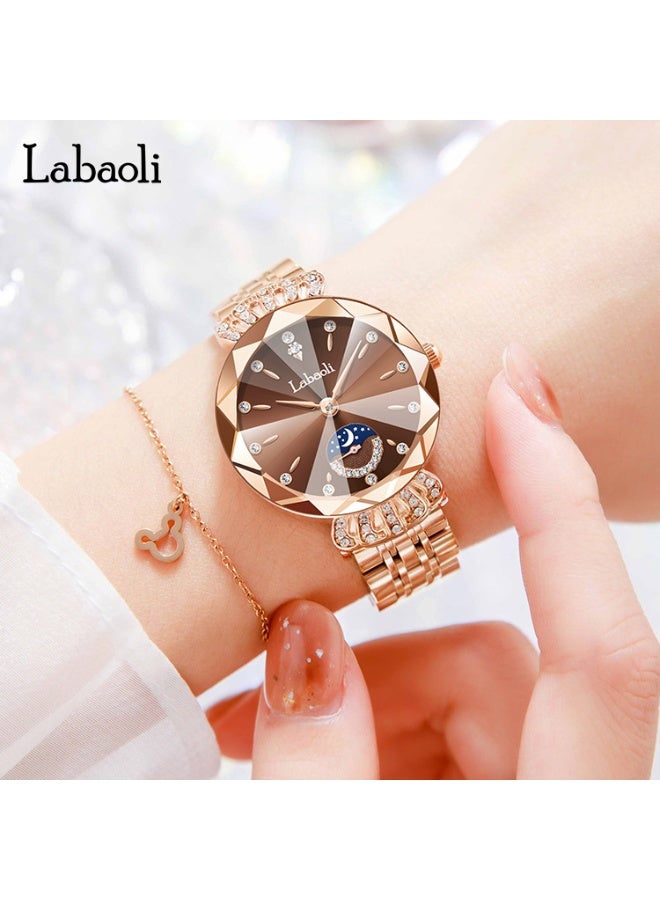 Labaoli Luxury Women Quartz Watch Moon‑Phase Sub‑Dial Rhinestone Rose Gold Steel Band Waterproof Fashion Wrist Watch - Image 3