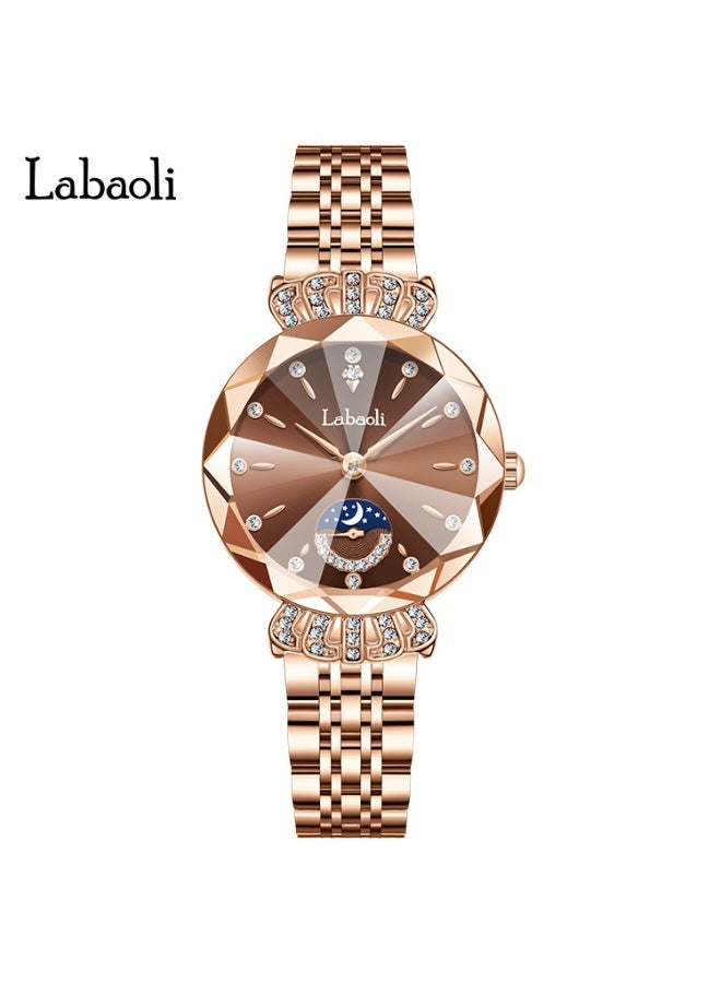 Labaoli Luxury Women Quartz Watch Moon‑Phase Sub‑Dial Rhinestone Rose Gold Steel Band Waterproof Fashion Wrist Watch - Image 1