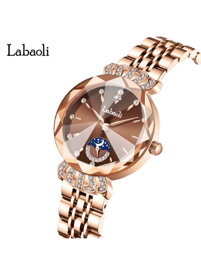 Labaoli Luxury Women Quartz Watch Moon‑Phase Sub‑Dial Rhinestone Rose Gold Steel Band Waterproof Fashion Wrist Watch - Image 2