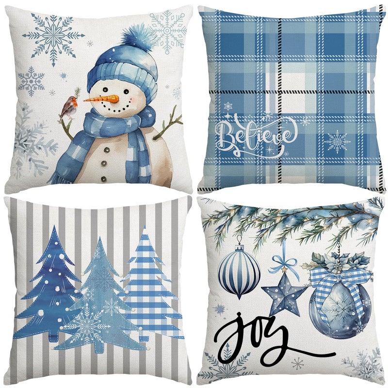 Artmag Christmas Pillow Covers 16x16 Inch Set of 4 Decorative Farmhouse Snowman Joy Believe Christmas Tree Blue Pillow Covers for Winter Holiday Home Decor Decoration - Image 2